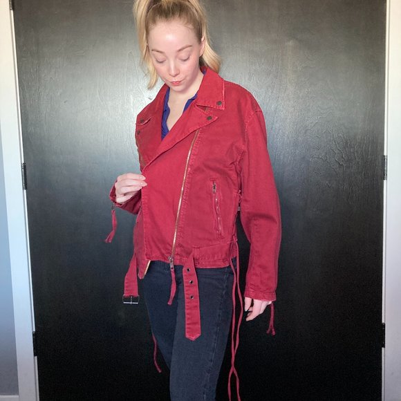Free People Oversized Red Denim Moto Jacket Size M - Picture 3 of 14
